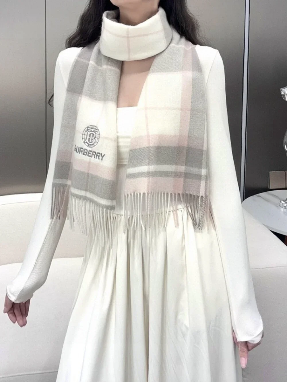 Burberry Embroidered TB Logo Cream‑Tone Check Scarf Soft Fringe Designer Shawl